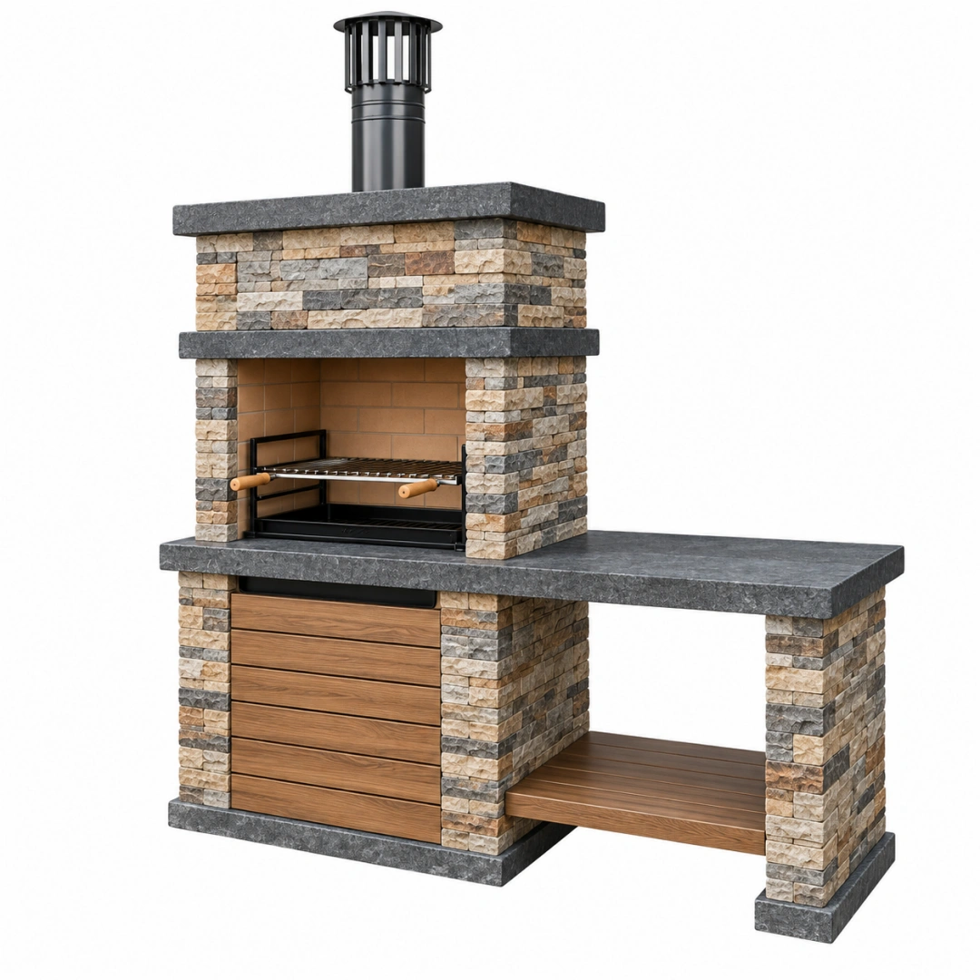 Barbacoa de jardín 200 x 70 x 220 cm de piedra y metal multicolor con chimenea y encimera