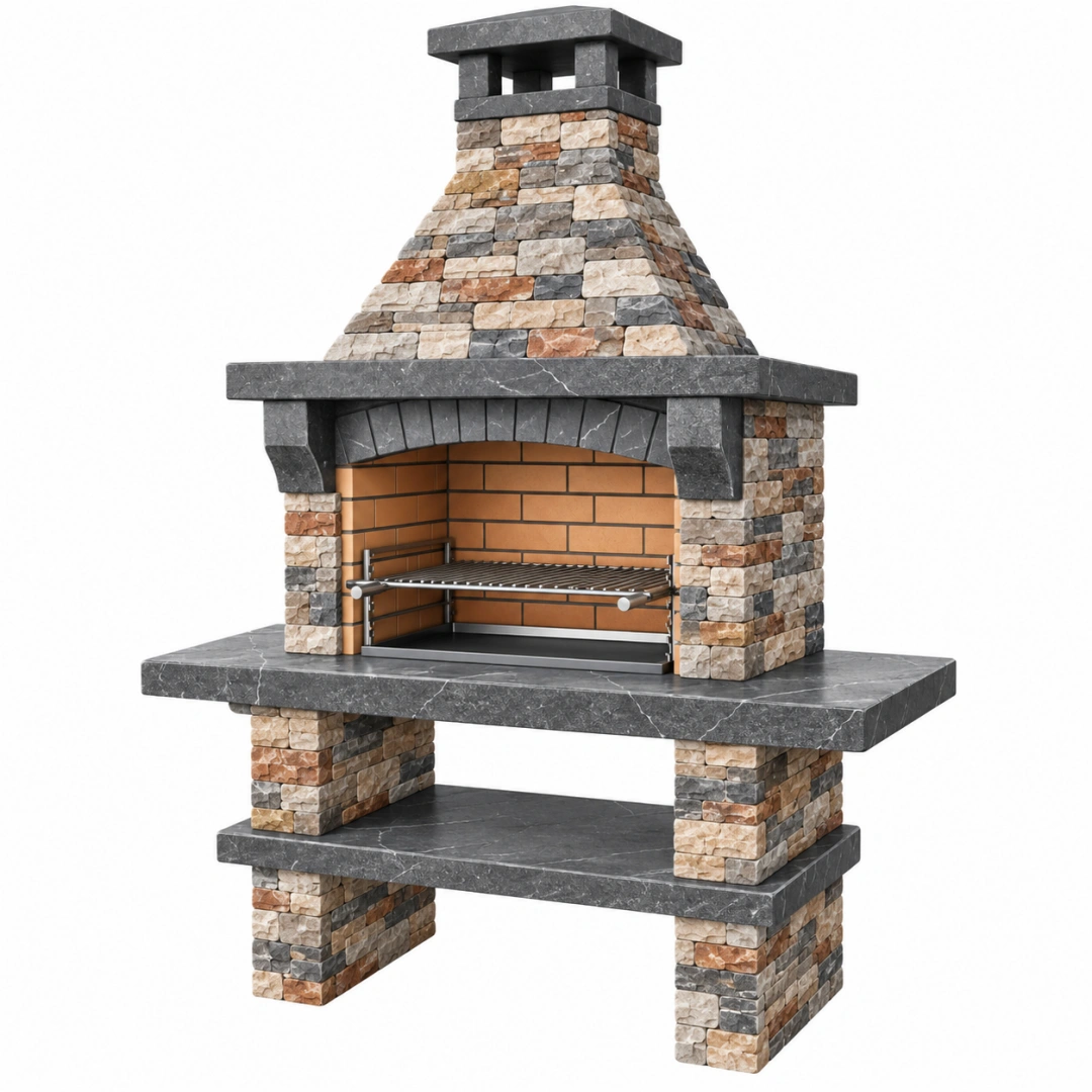 Barbacoa de obra 110 x 70 x 220 cm de piedra multicolor con chimenea y parrilla metálica