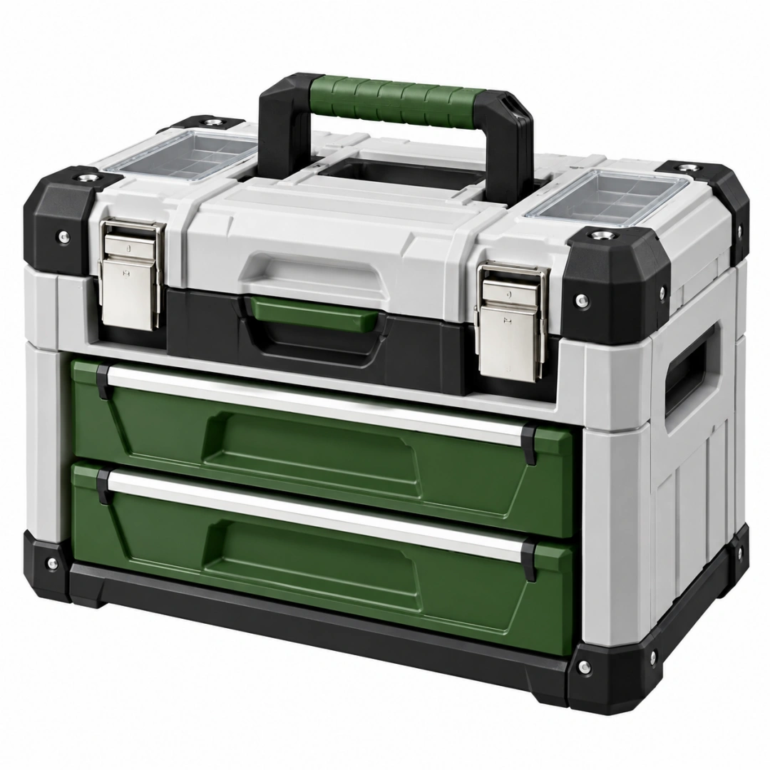 Caja de herramientas 50 x 30 x 40 cm de plástico verde gris y negro con cajones y organizadores