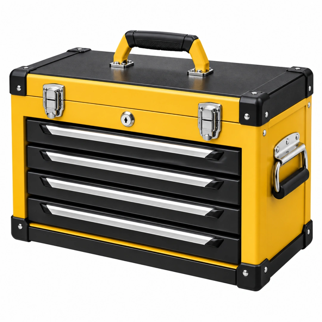 Caja de herramientas 50 x 25 x 35 cm de metal amarillo y negro con 4 cajones y cierre