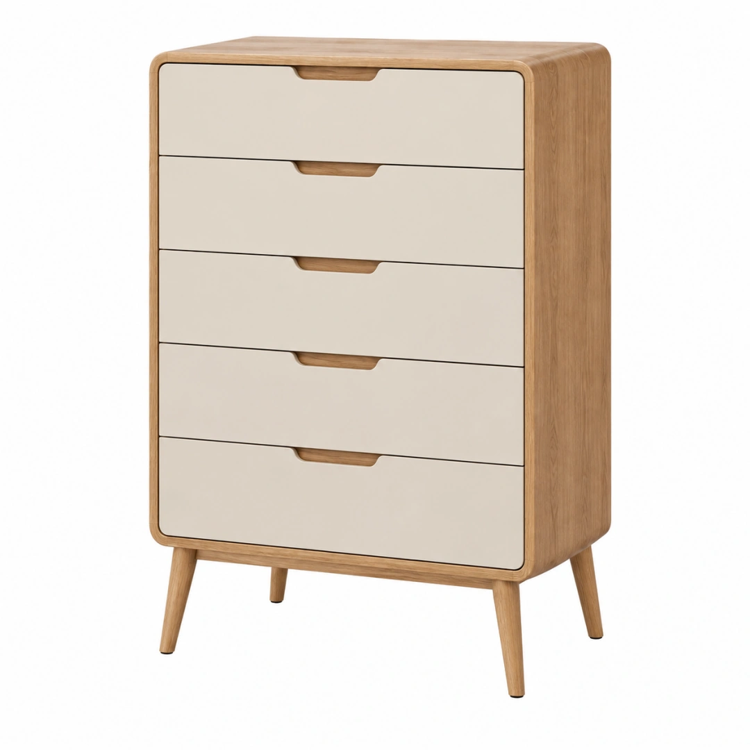 Cómoda 80 x 40 x 120 cm de madera en roble y blanco con cinco cajones estilo nórdico