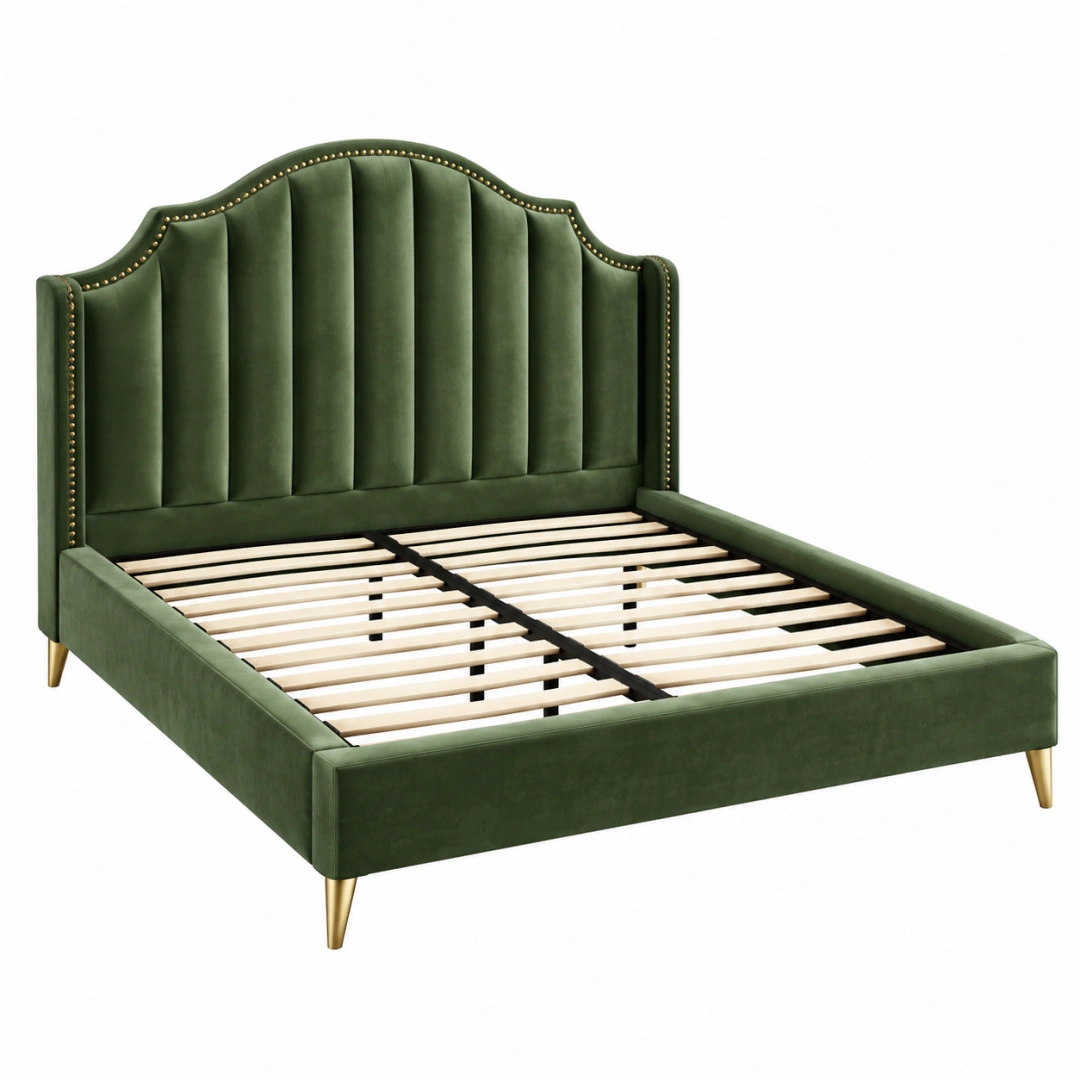 Cama tapizada 160 x 200 cm de terciopelo verde con somier de láminas estilo clásico