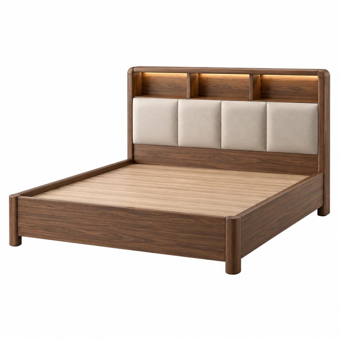 Cama 180 x 200 cm de madera nogal con cabecero tapizado e iluminación integrada estilo moderno