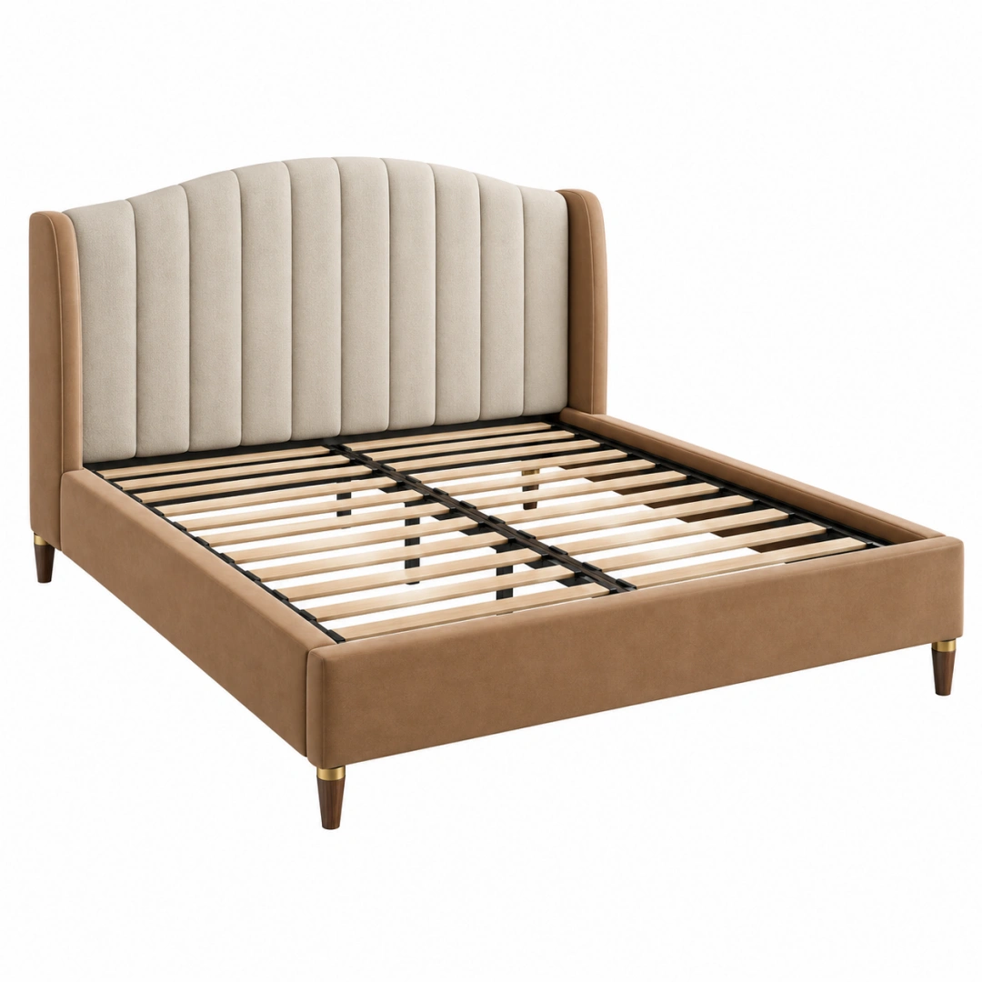 Cama tapizada 160 x 200 cm marrón y beige con cabecero acolchado y somier de láminas