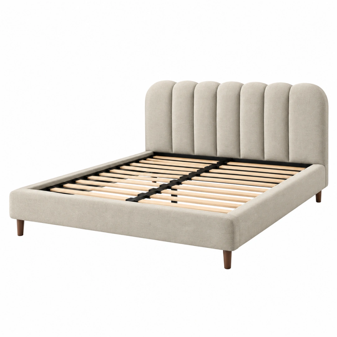 Cama tapizada 160 x 200 cm beige con somier de láminas y cabecero acolchado