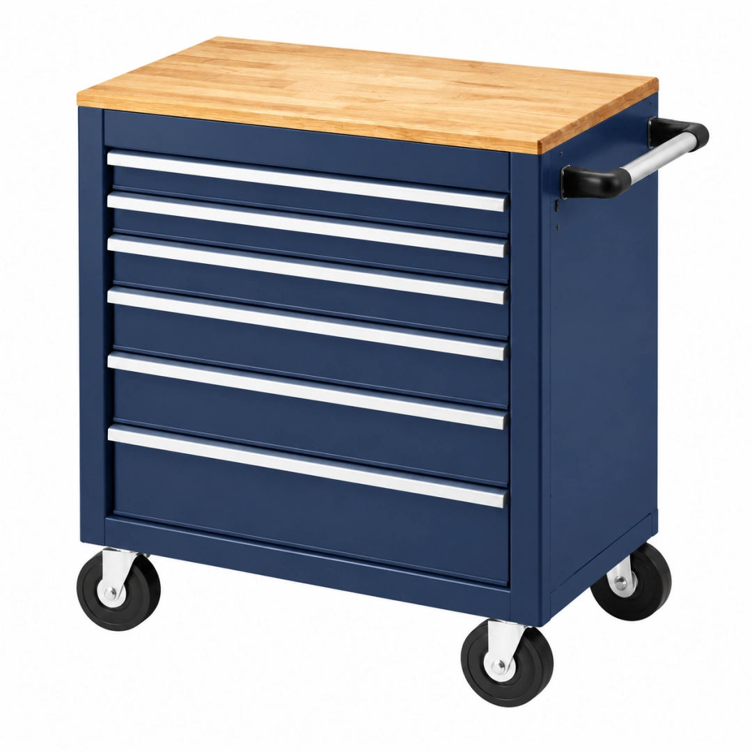 Carro de herramientas 77 x 46 x 95 cm de acero azul con encimera de madera y 7 cajones móvil
