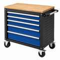 Carro de herramientas 77 x 46 x 97 cm de acero negro y azul con encimera de bambú y 5 cajones móvil
