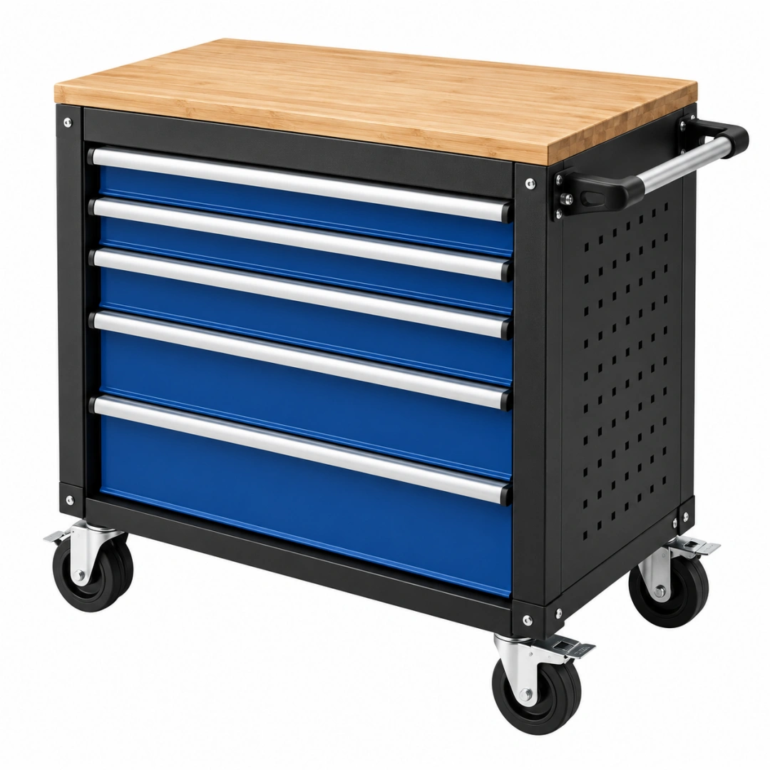 Carro de herramientas 77 x 46 x 97 cm de acero negro y azul con encimera de bambú y 5 cajones móvil