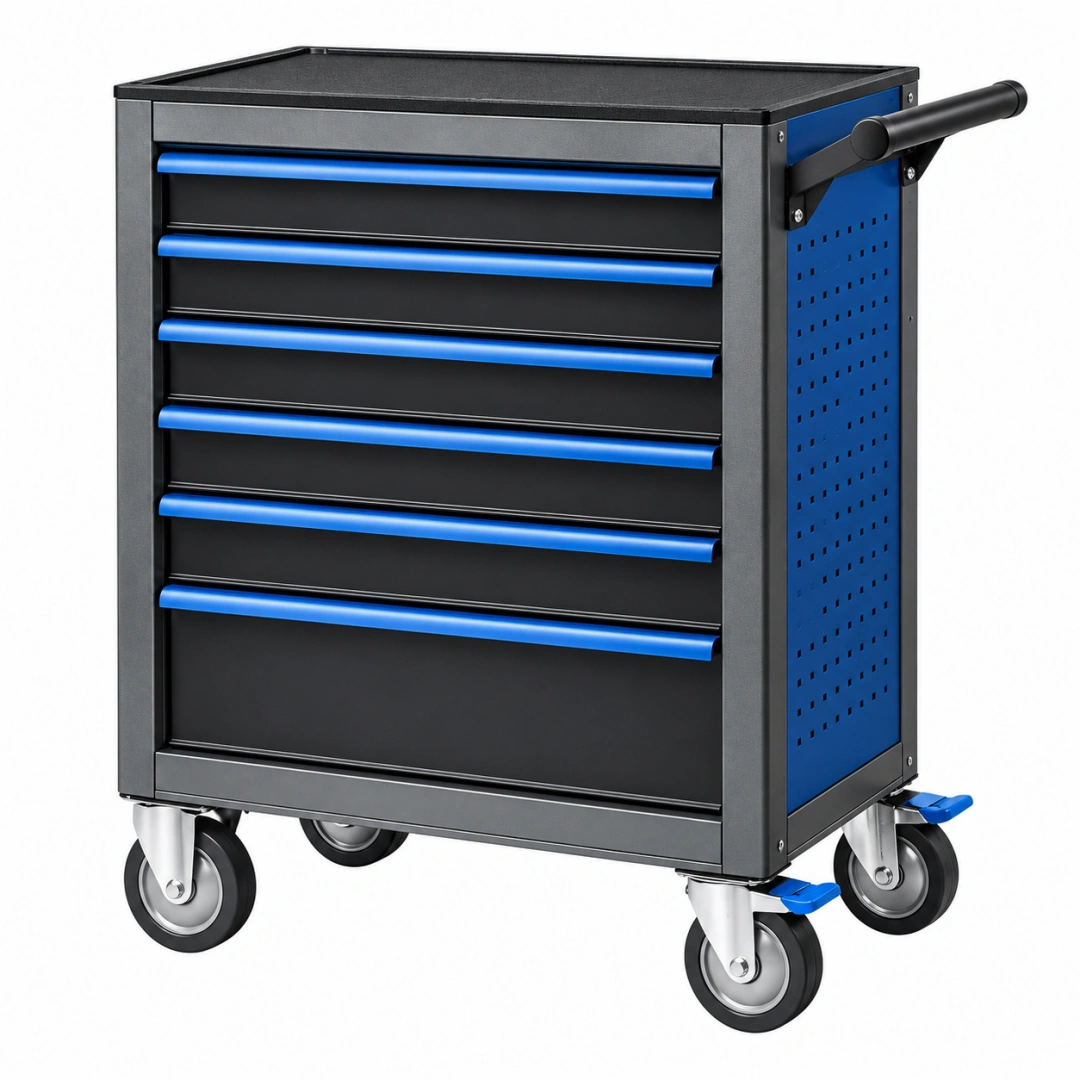 Carro de herramientas 77 x 46 x 97 cm de acero negro y azul con 7 cajones y ruedas