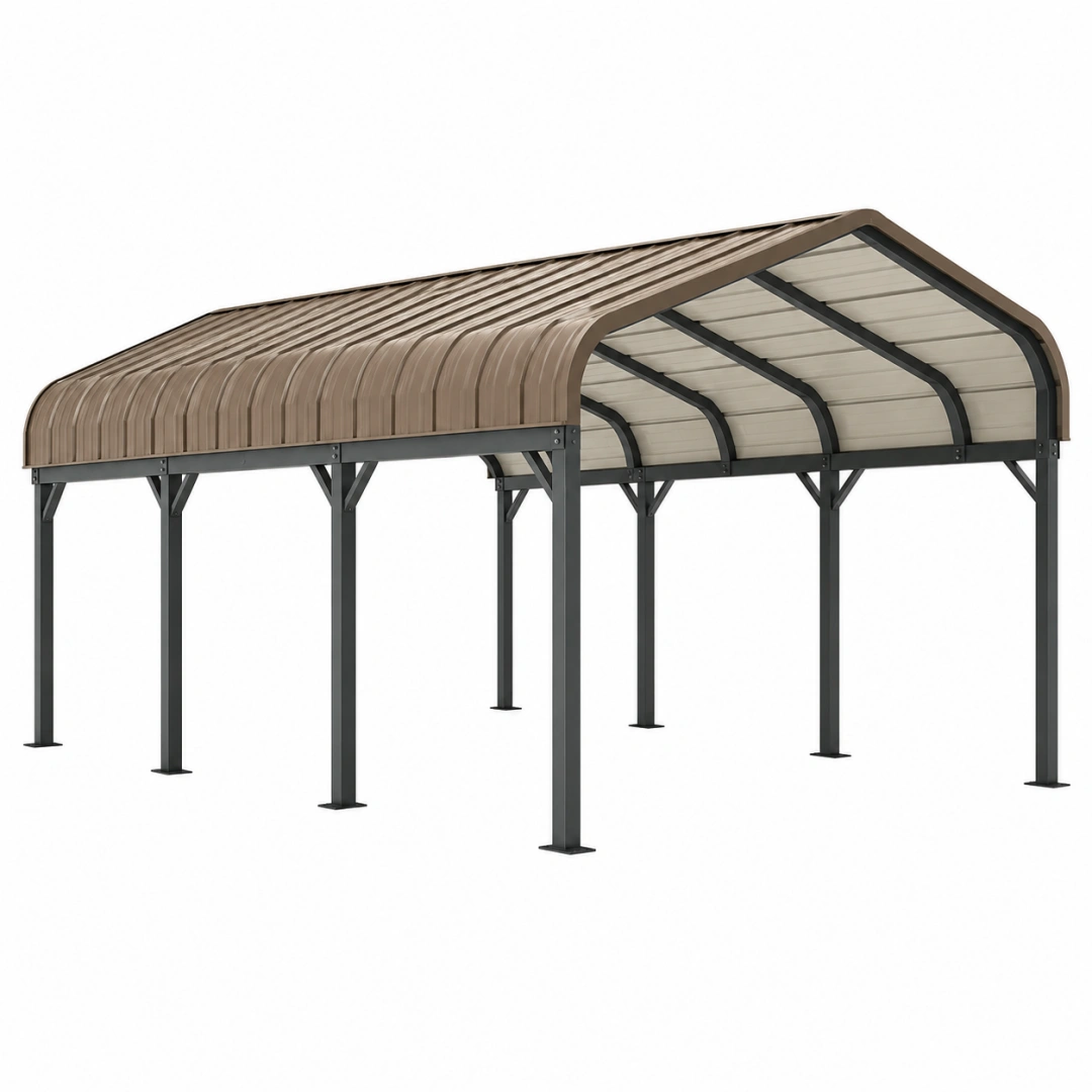 Cochera cubierta 600 x 300 x 270 cm de acero y policarbonato marrón gris - estructura exterior curva