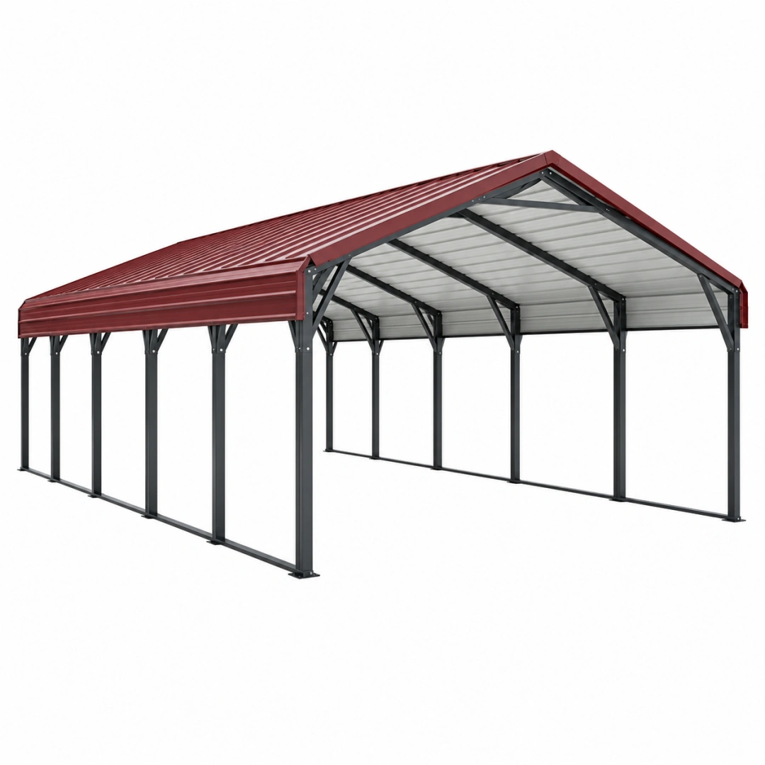 Cochera cubierta 600 x 300 x 270 cm de acero rojo y negro para exterior con techo a dos aguas