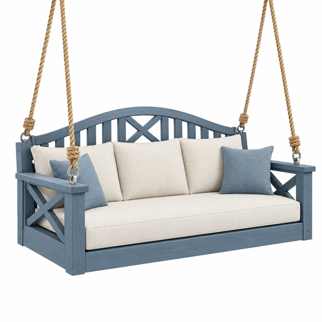 Columpio de jardín 180 x 75 x 65 cm de madera azul con asiento acolchado