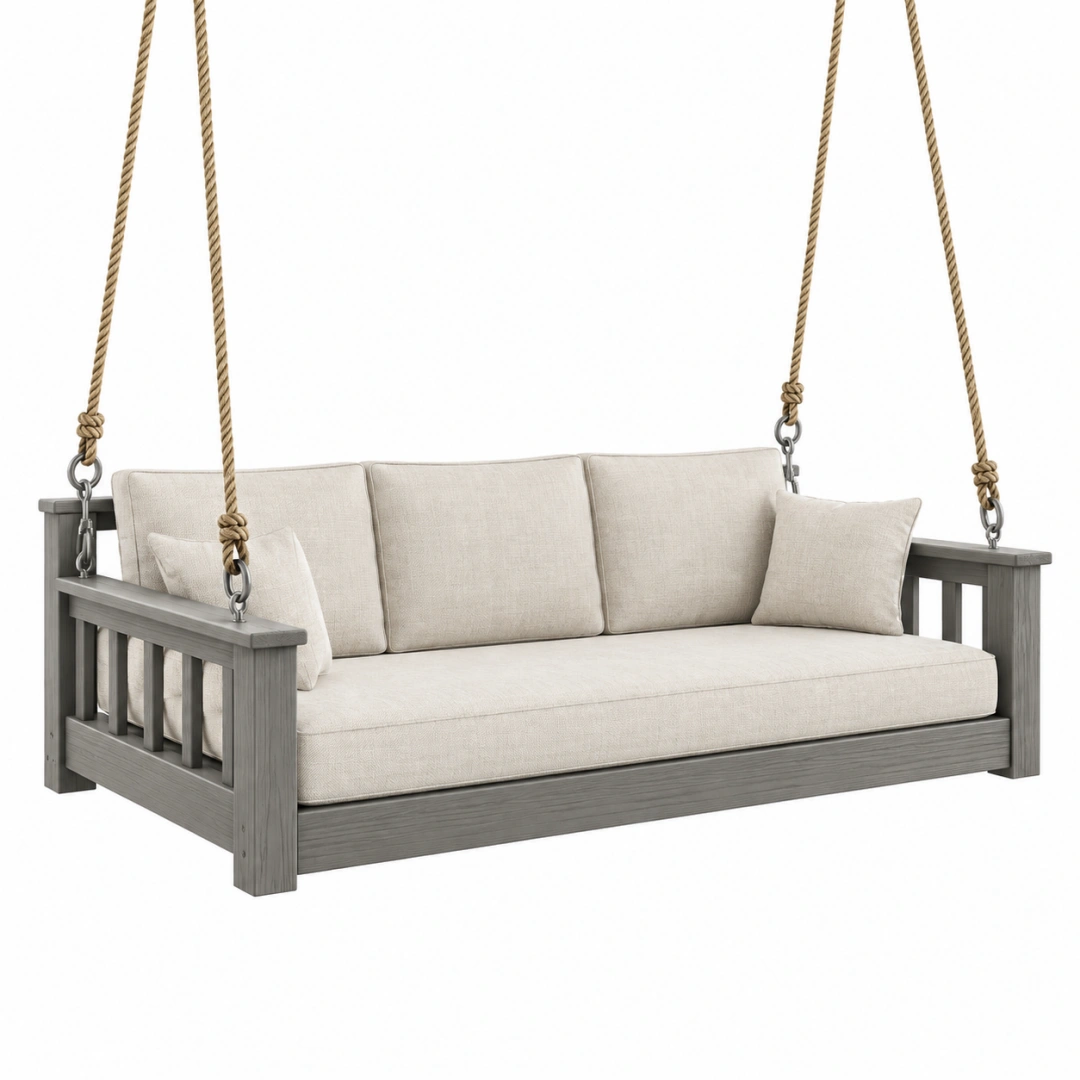 Columpio sofá de 3 plazas 200 x 85 x 70 cm de madera gris y tela beige para terraza