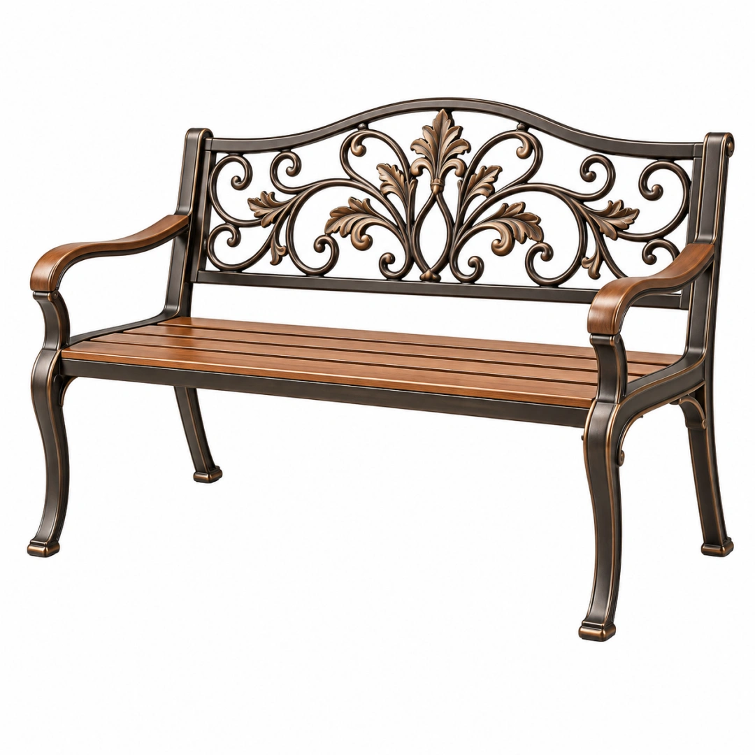 Banco de jardín 122 x 60 x 92 cm de metal marrón y negro con respaldo ornamental clásico
