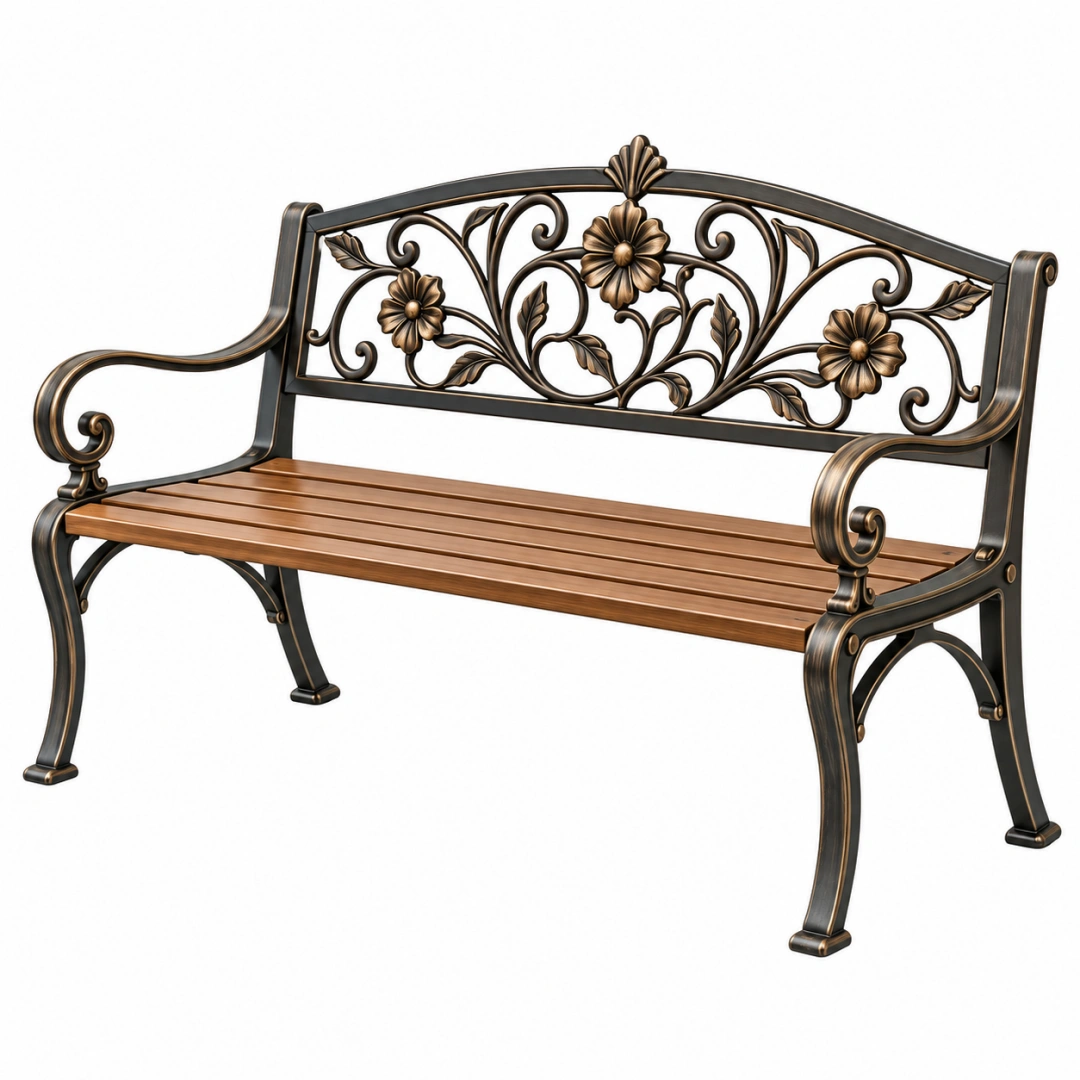Banco de jardín 125 x 60 x 90 cm de metal y madera marrón negro con respaldo floral