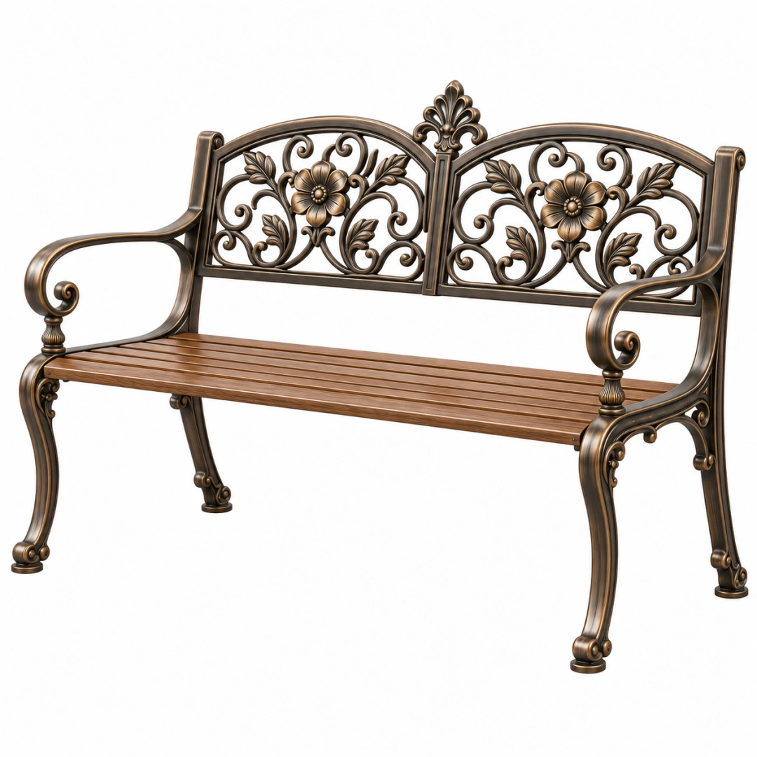 Banco de jardín 150 cm de metal y madera marrón estilo clásico