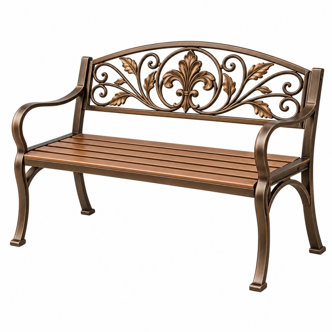 Banco de jardín 120 x 60 x 90 cm de metal color bronce estilo clásico ornamental