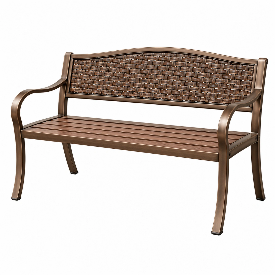 Banco de jardín 122x61x89 cm de metal marrón bronce con respaldo trenzado